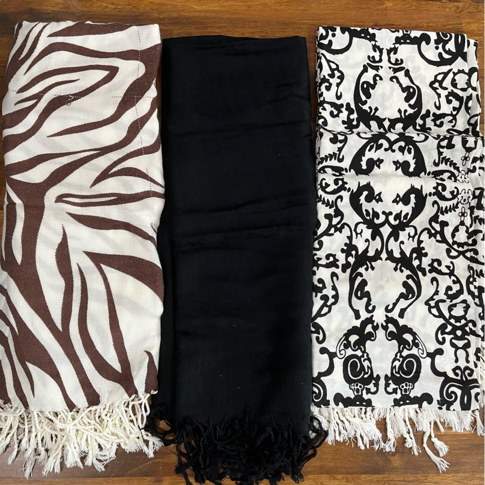 Set of Three Patterned Scarves - Brown, Black, and White